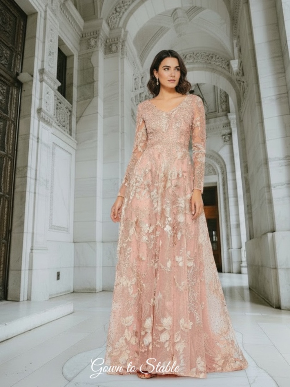 Mac Duggal 20214 Long Sleeve Beaded Applique Embellished V-Neck Gown Dusty Rose